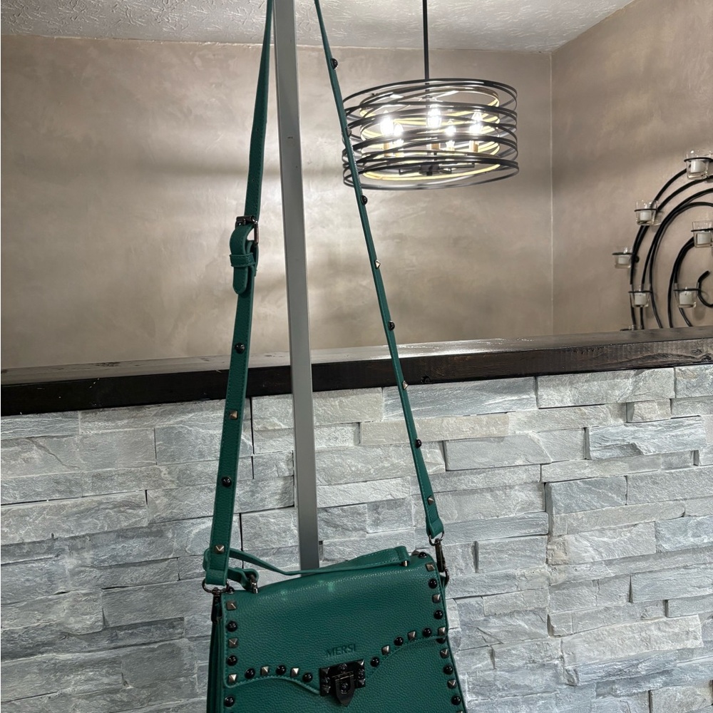 MERSI Teal Pebbled Leather Studded Crossbody Bag - Picture 2 of 10